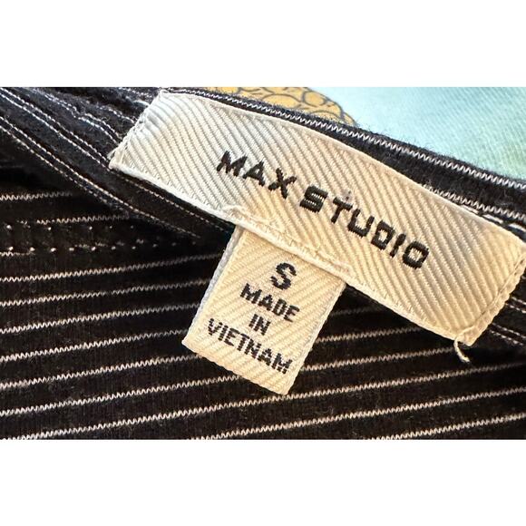 Max Studio Small Striped Short Flutter Sleeve Black White Cotton Poly Stretch - Picture 3 of 7